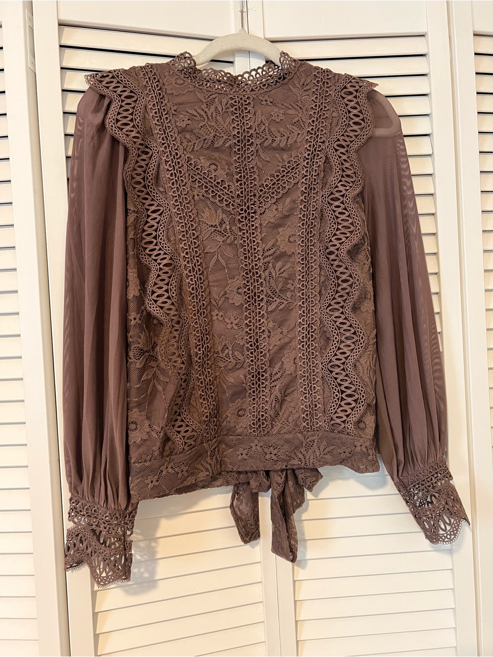 Daytrip Brown Lace Crochet Long Sleeve Open-Back Blouse